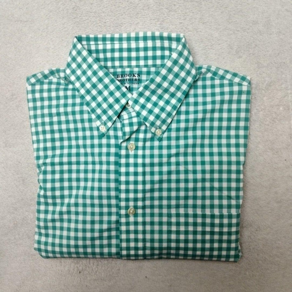 Brooks Brothers Shirt Mens M Green Gingham Pliad Button-Up Nylon Stretch Work